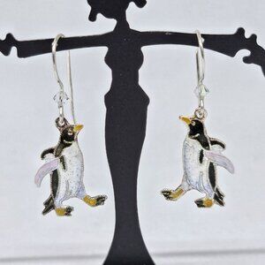 PENGUIN Cloisonne Enamel Earrings Dangle Drop Bamboo Steve King